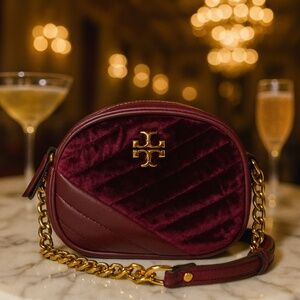 NEW Tory Burch Kira Chevron Cherry Red  Leather/Velvet Camera Crossbody Bag